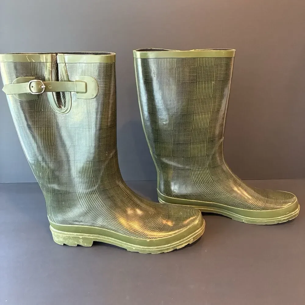 Pendleton Classic Tall Rain Boots Wellies Green Plaid Houndstooth Size 10